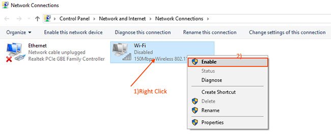 Nhấp chuột phải vào driver WiFi bạn đang sử dụng và chọn Enable
